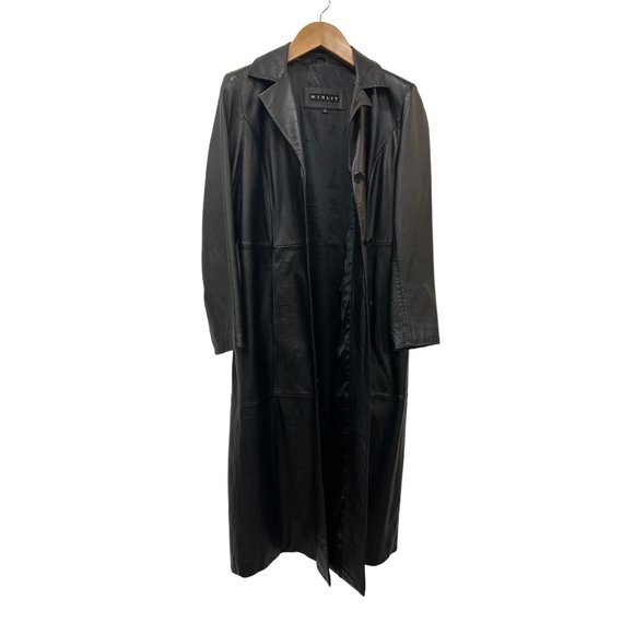 Winlit Solid Black Leather Jacket Long Coat Soft Luxurious Medium Size Unisex - Picture 9 of 12